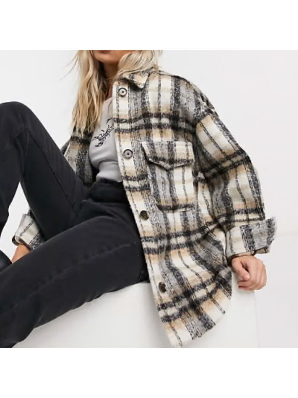 ASOS 
 wool blend button up jacket collar pockets black white oversized 2